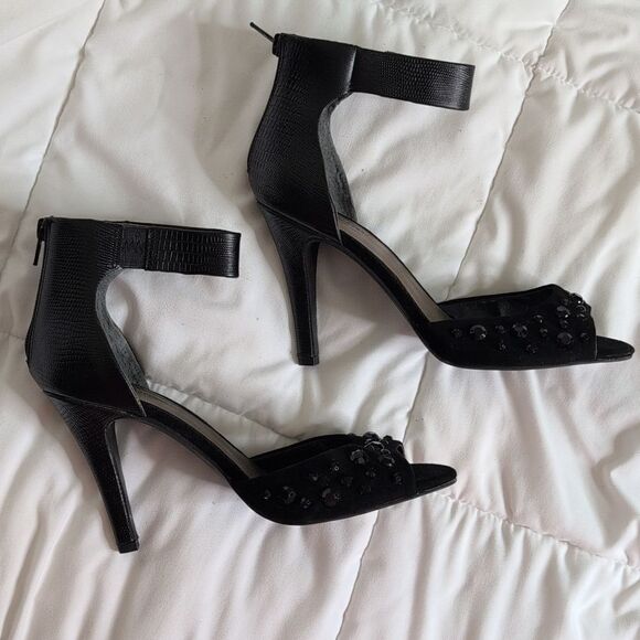 Seychelles size 8 Black Rhinestone Open Toe Heels with Ankle Strap - Picture 10 of 14